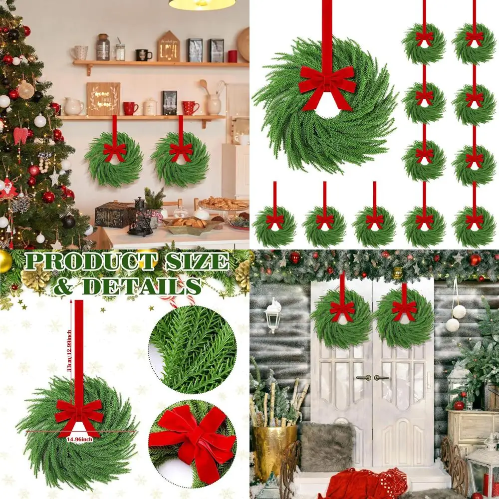 

Набор из 12 мини-рождественских венков для домашнего декора: красный бант, ягоды, акценты из сосновых шишек.