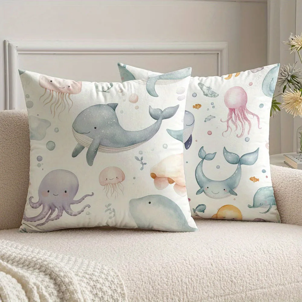 2pcs Watercolor Marine Life Throw Pillow Covers Cute Ocean Whale Jellyfish Decorative Pillowcases for Bedroom Sofa Couch