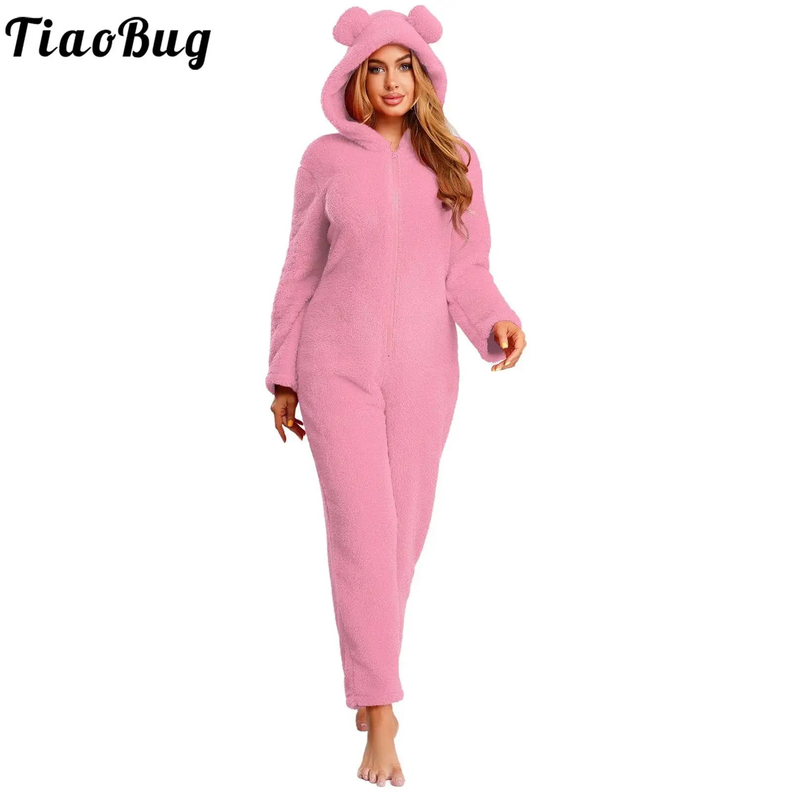 

Winter Sleepwear Women Warm Flannel Homewear Rompers Front Zipper Back Button Open Hooded Jumpsuit Pajamas Loungewear Nightwear