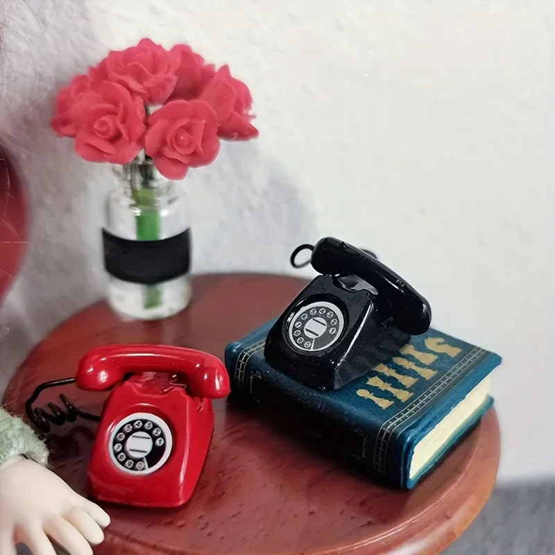 1:12 Dollhouse Miniature Furniture Simulated Vintage Fixed Telephone Mini Retro Phone Display Statue Ornament