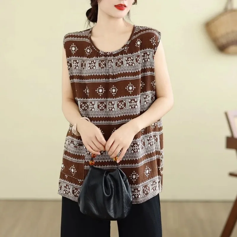 Bohemian Ethnic Print Linen Cotton Top Women Plus Size Loose Sleeveless Summer Blouse