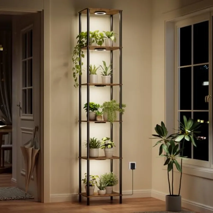 Indoor plant stand with grow light for living room, metal, black, 81.3in tall space-saving design with adjustable shelves and f