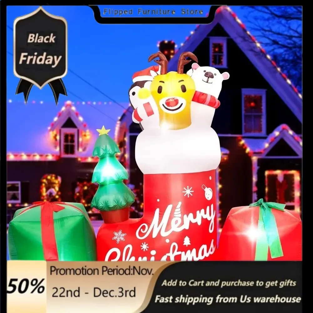 

8FT Christmas Inflatable Outdoor Decoration,Inflatable Animal in Xmas Stocking with Gift Box,Lighted Blow Up Animal Standing.