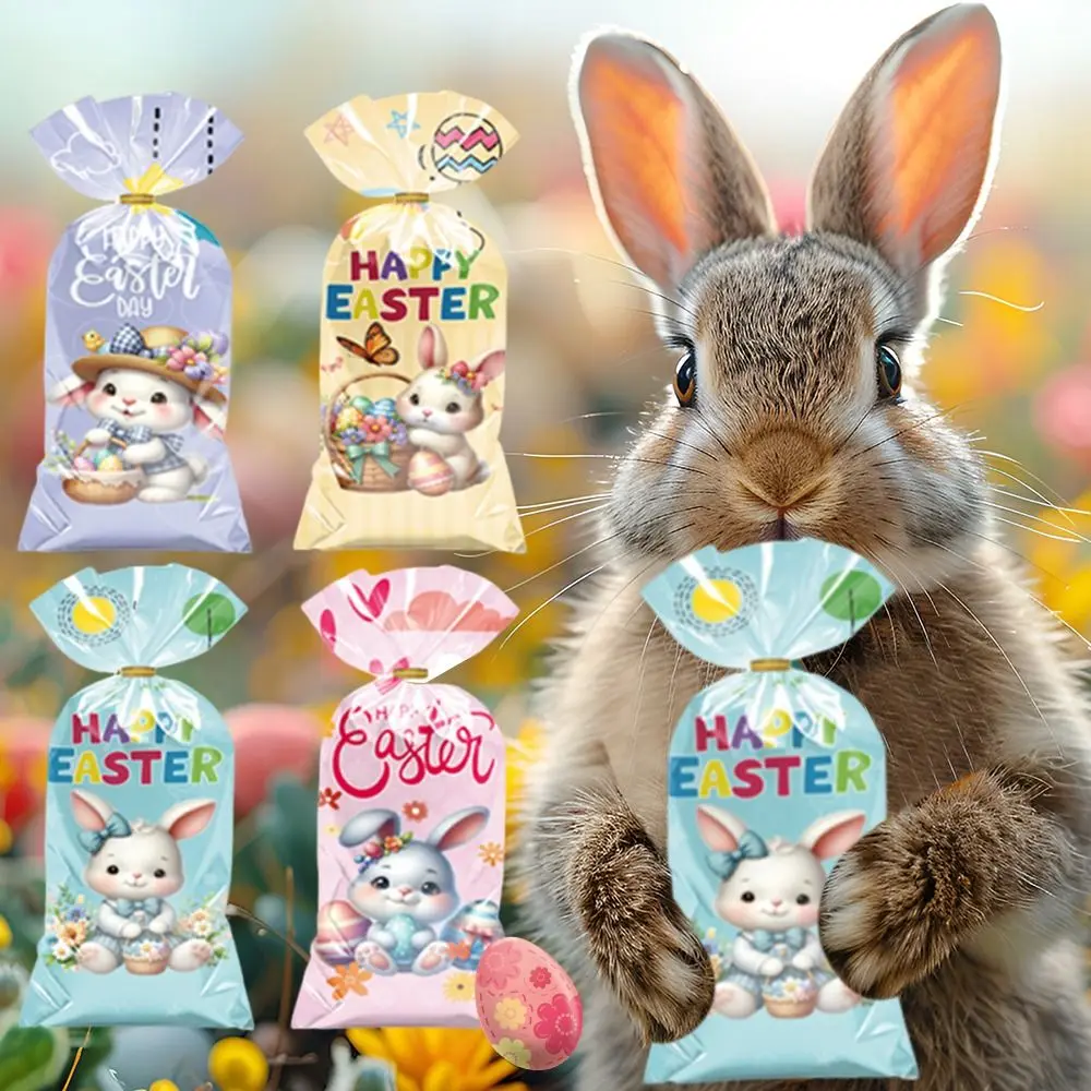 50Pcs Printed Easter Bunny OPP Self-sealing Bags Cartoon Pattern Contains Wire Candy Packaging Pouch Cookie Bags