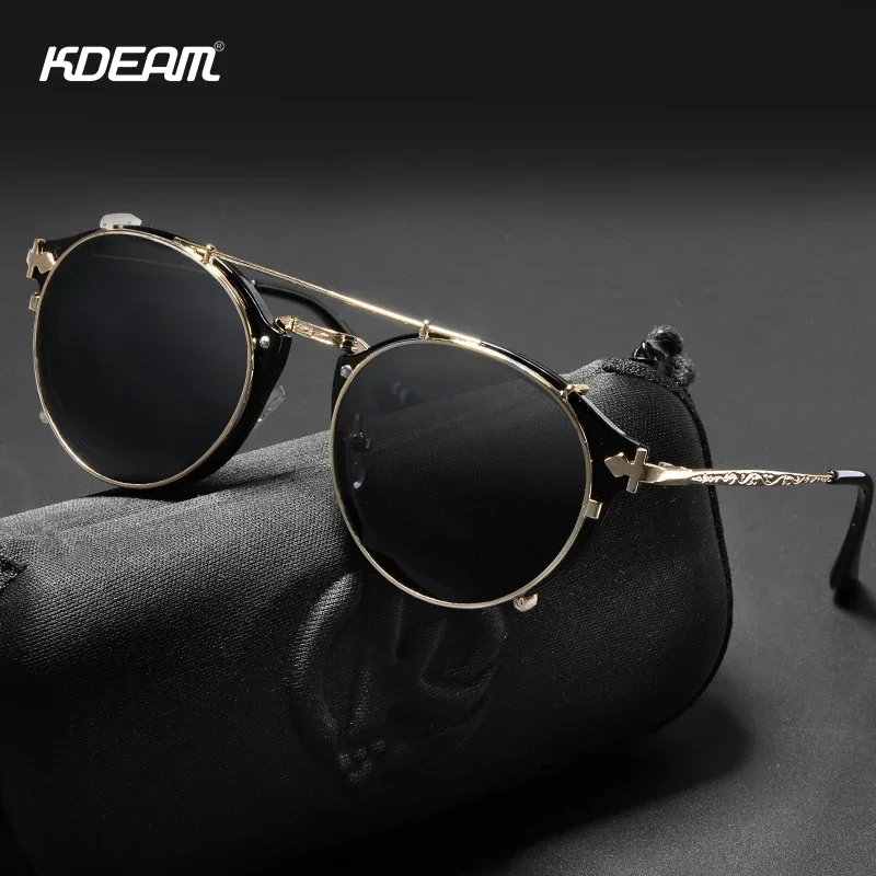 

KDEAM Retro Steampunk Round Clip On Sunglasses Men Women Double Layer Removable Lens Baroque Carved Legs Glasses UV400 With Box