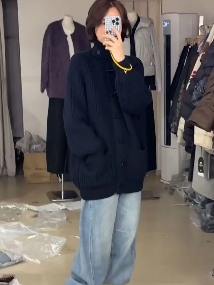 

Laid-ba Sle Women's Knitted Open Cardigan Long Loose Collar Autumn Winter Faion Outerwear Trendy Morning Bell Evening Song