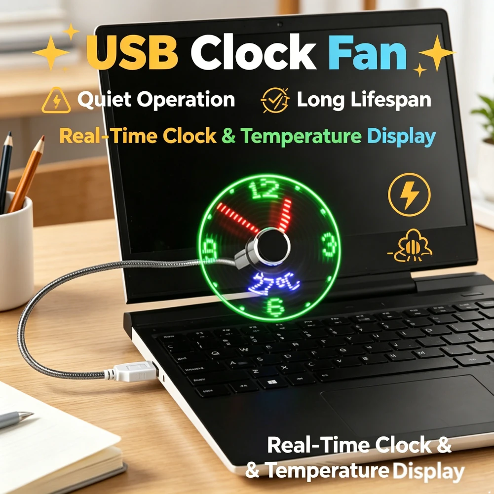LED Clock Fan Time Temperature Display Mini Cooling Flashing Fan USB Powered Flexible Gooseneck LED Clock for Laptop PC Notebook