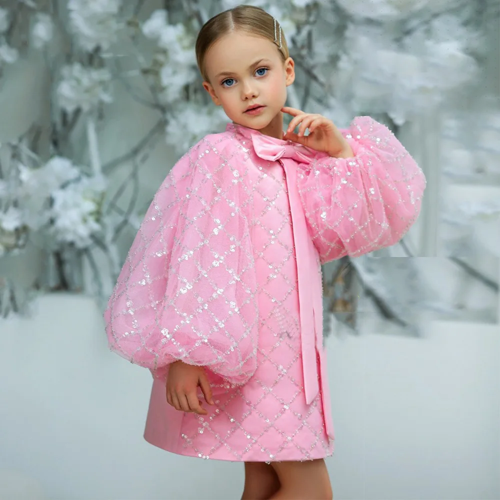 Customize Color Length Pink Sequin Lantern Long Sleeve Frocks A-Line Children's Clothes Flower Girl Birthday Party Dresses