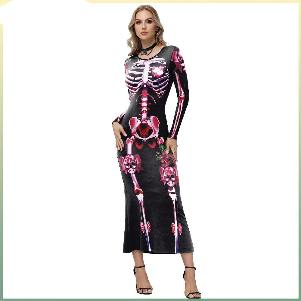 

2025 New loween Long Dr Terror Skeleton Long Sve Dr Stage Performance Costume Women's Ethnic Wear Winter Collection