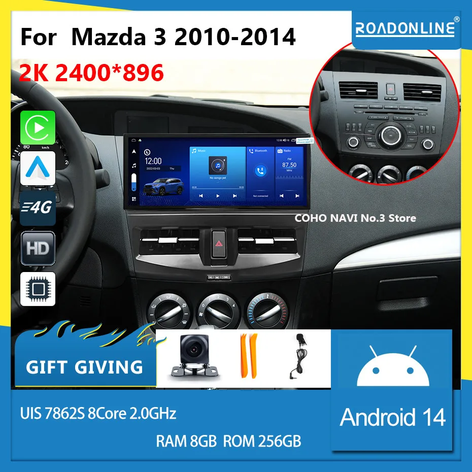 COHO For mazda 3 2010-2014 carplay  Android 14 12.3inch 2400*896 2K screen  QLED 8Core 8+256G Car Multimedia Player Stereo Radio