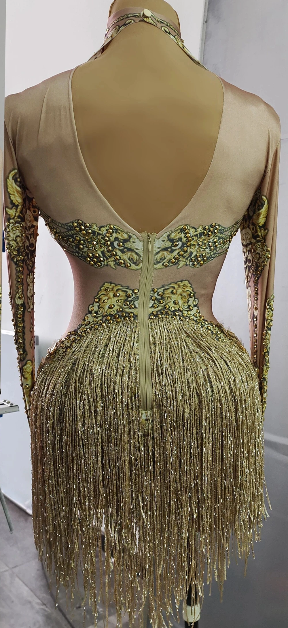 นักร้อง Party Gold Leotard Rhinestones เต้นรำเครื่องแต่งกายสวมใส่คลับ Sexy Romper Tassel Bodysuit