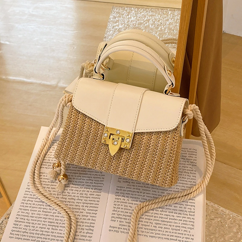 PU and Straw Splicing Square Hand Bags Hasp Rope High Quality Shoulder and Crossbody Bags for Women 2024 Casual Hot Sale Summer