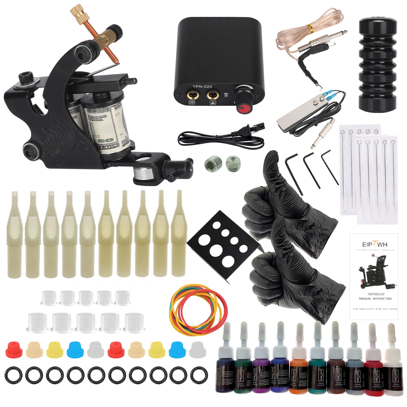 

10 Color Pigment Single Tattoo Machine Set, Complete Accessories, Suitable for Beginners and Artists to Use