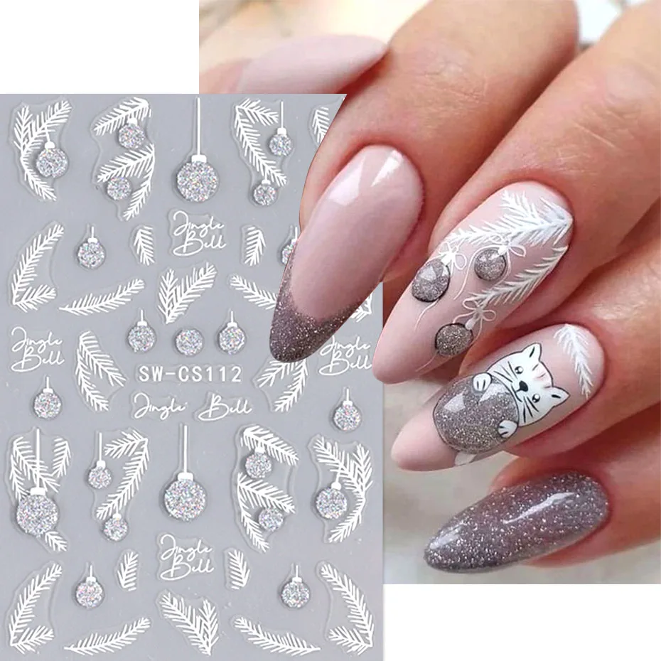 3D Silver Glitter Christmas Nail Sticker Winter Tree Snowflake Feather Leaf Lantern Gift Wine Slider DIY Manicure Decoration Tip