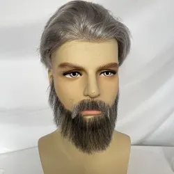 Face Fake Beard 100% Human Hair Face Beard Mustache For Men Fake Beard Swiss Lace Real Handmade Light Beard For Man Grey Black