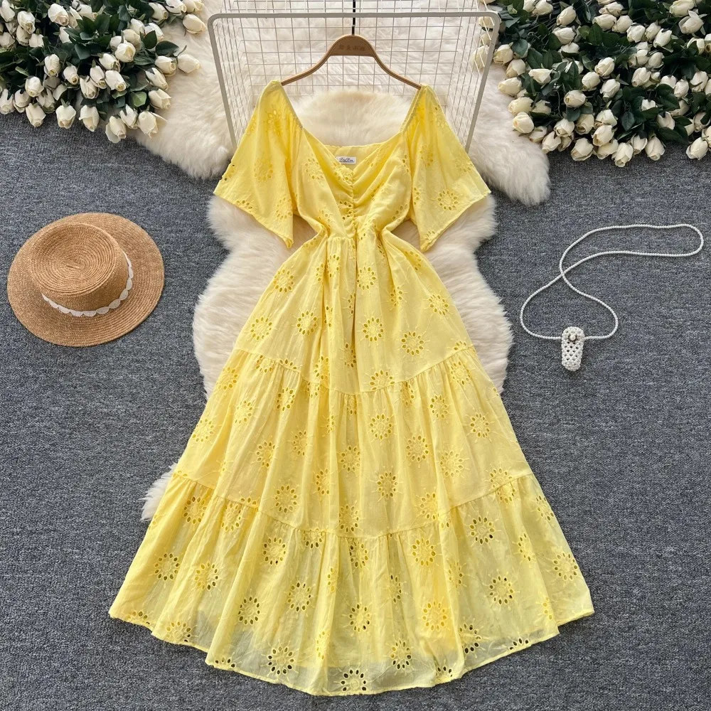 Vintage V-Neck Basics Short Sleeve Chic Hook Flower Hollow Out Embroidered Dresses French Evening Women Fashion Summer Clothing
