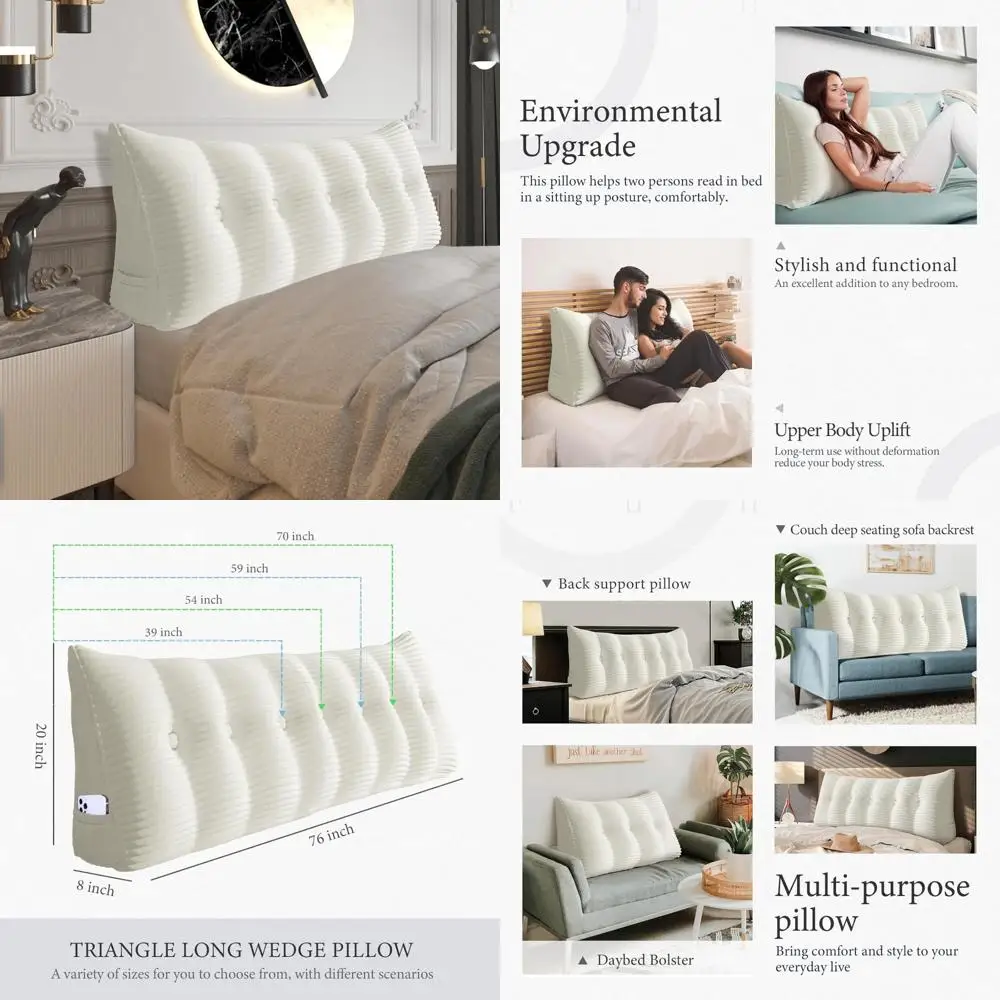 

Queen Size Fully Stuffed Padded Headboard Pillow with Soft and Firm Support, Large Bolster Triangular Wedge Pillow for Bed