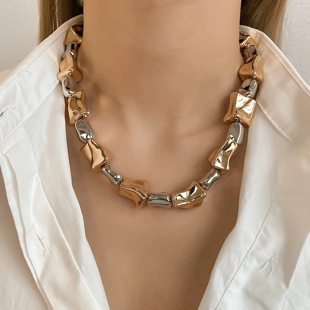 ALLYES Unregelmäßige Zwei Ton Geometrische Perlen Halsketten für Frauen Y2K Punk Rock Gold Farbe Dicke Kette Halskette Halsband Partei Schmuck