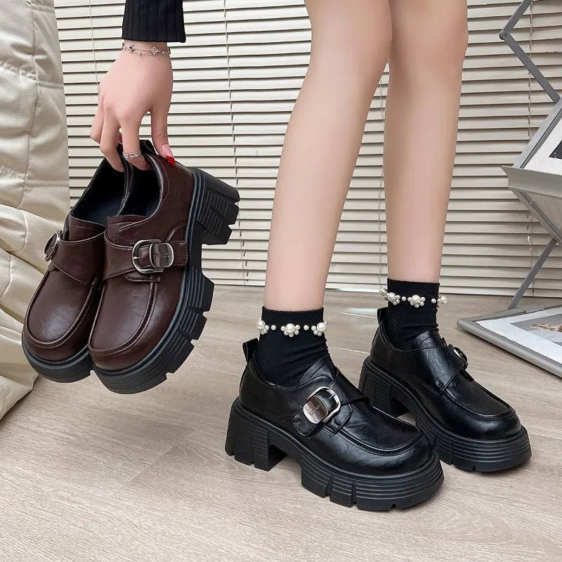 

2025 Hot Seller New Spring/Autumn Retro Black Thick Soled Small Leather Shoes for Women Skirt with Height Increase Le Fu Shoes