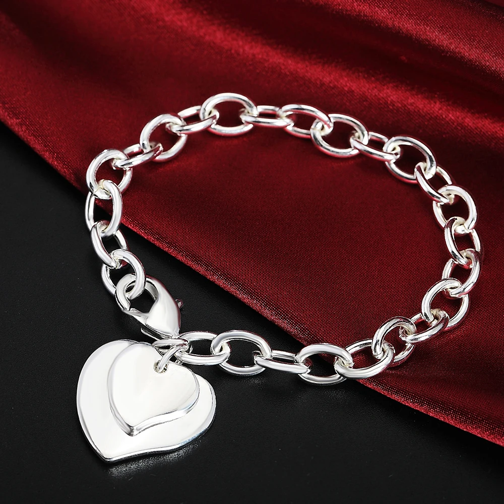 

Hot New 925 Sterling Silver Bracelets Women Men Hanging Double Heart Chain Wedding Party Lady Valentine'S Day Gifts Jewelry