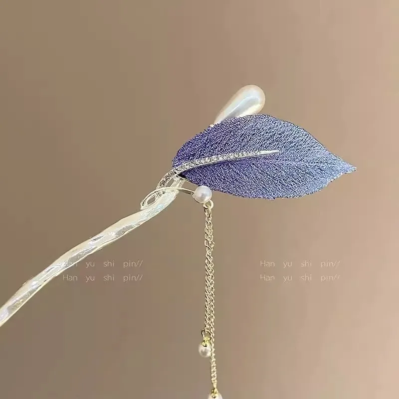 2025 جديد النمط الصيني الأرجواني ورقة الشعر العصي للنساء خمر شرابة معدنية Hanfu عود على شكل دبوس الشعر إكسسوارات الشعر #4