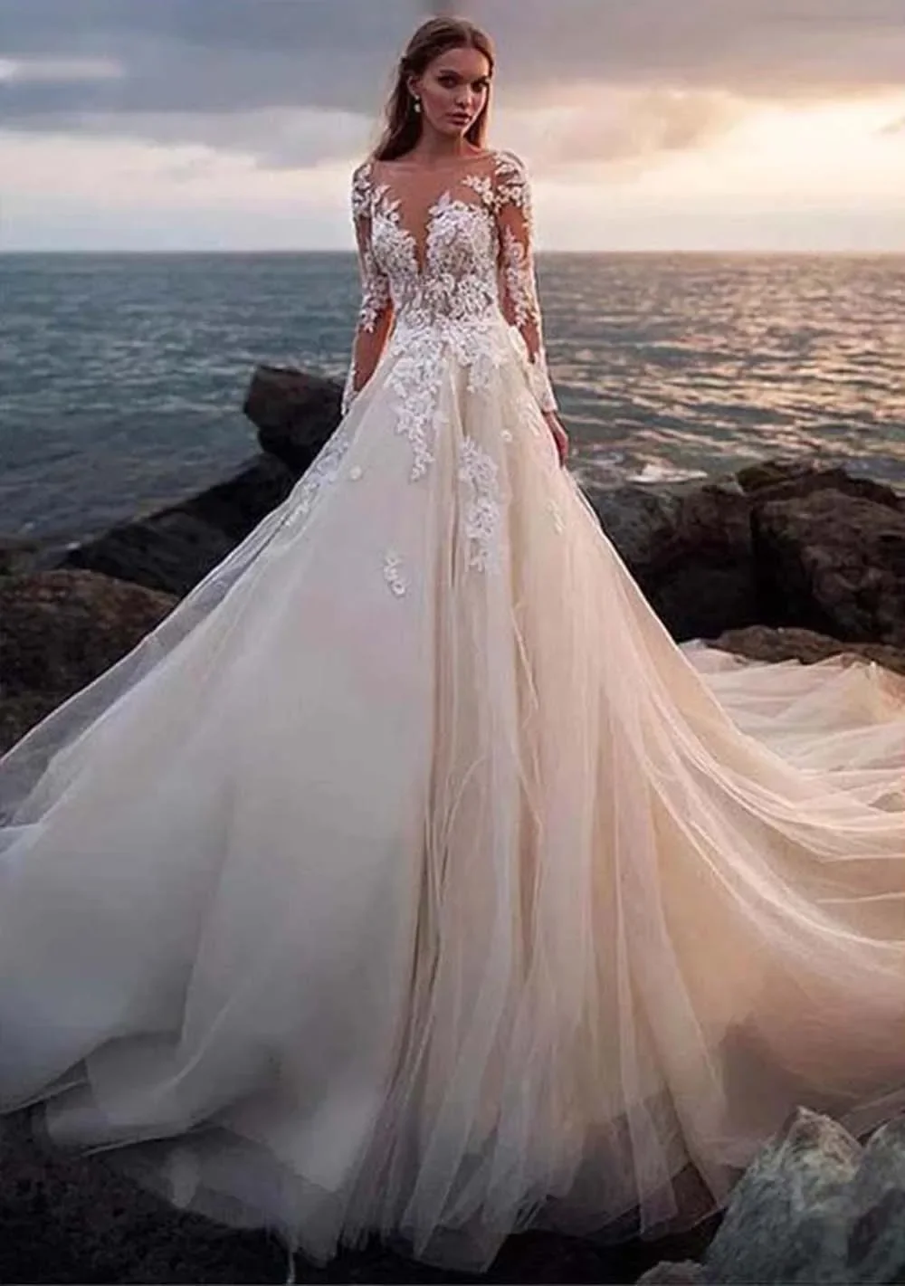 Customized Charming Long Sleeves Champagne A Line Wedding Dresses for Women Illusion Tulle Beach Lace Appliqued Bride Dresses