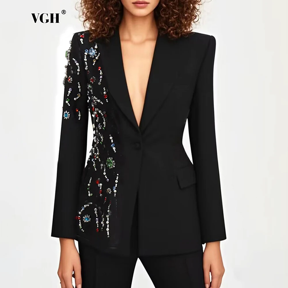 

VGH Formal Evening Spliced Diamonds Slim Jacket for Women Notched Collar Long Sleeve Patchwork Single Button Chic Blazer Female