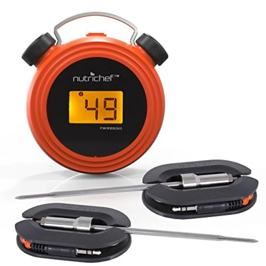 Termómetro Inteligente para Parrilla con Bluetooth, Pantalla Digital, Sondas Dobles de Acero Inoxidable, Alerta Inalámbrica Roja con Control Remoto para Barbacoa al Aire Libre