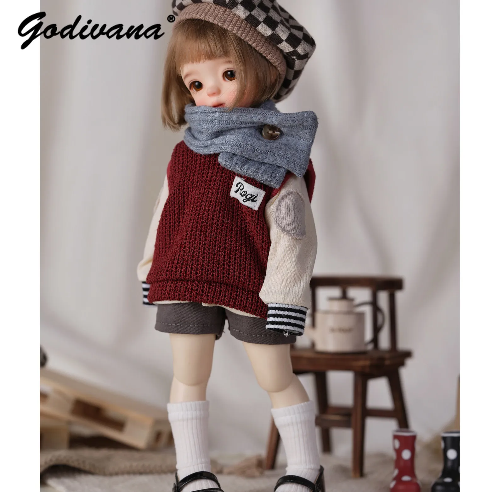 BJD 1/6 Doll Autumn Outfit Knit Vest and Patchwork Long‑sleeve Top + Shorts + Scarf Plaid Hat Preppy Casual Doll Clothes Set