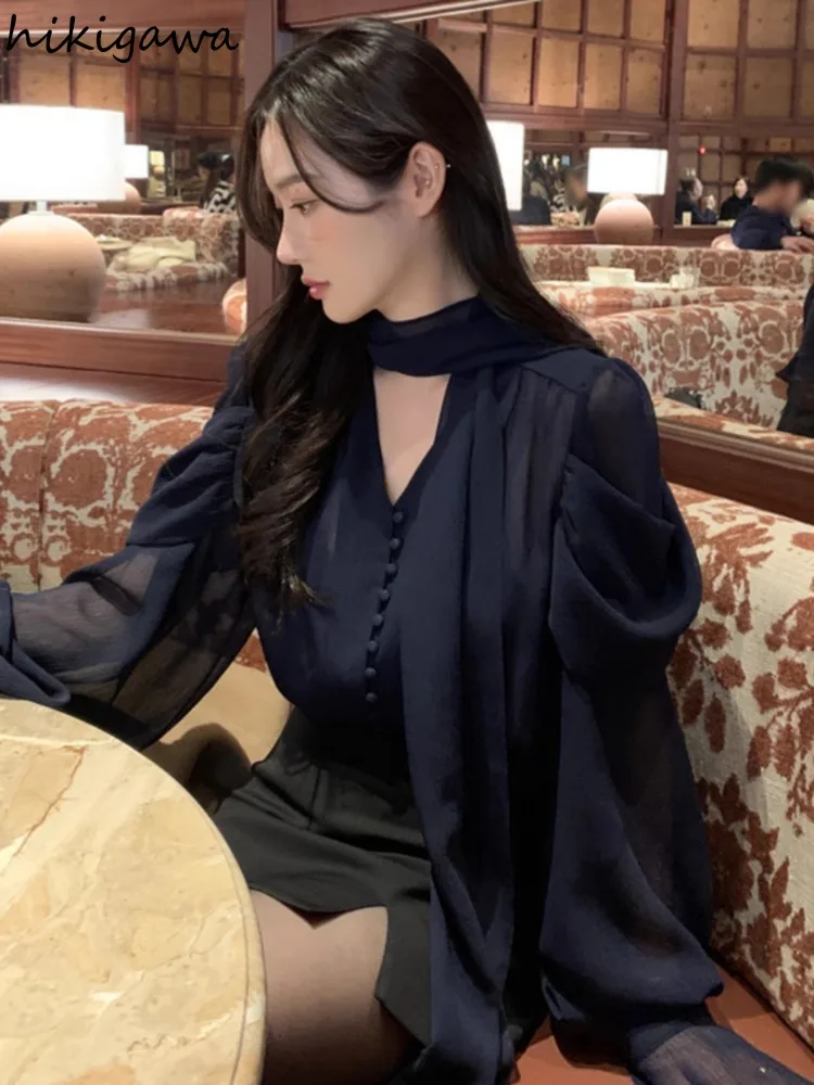 Korean Chic Women Shirt Temperament Ladies Tops V-neck Long Sleeve Chiffon See Through White Blouses 2024 Blusas Mujer De Moda