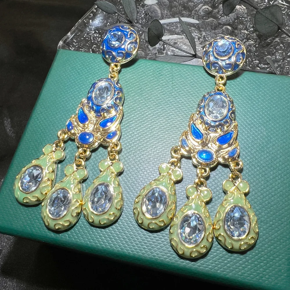 DIY accessories European and American retro earrings vintage medieval zircon enamel colored copper gold-plated court style fashi