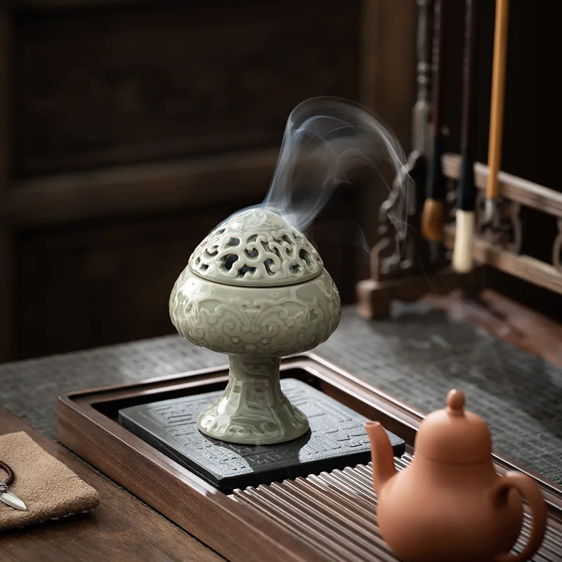 Song Dynasty Style Ceramic Boshan High Foot Incense Burner for Sandalwood Coil Stick Indoor Home Office Zen Decor Gift