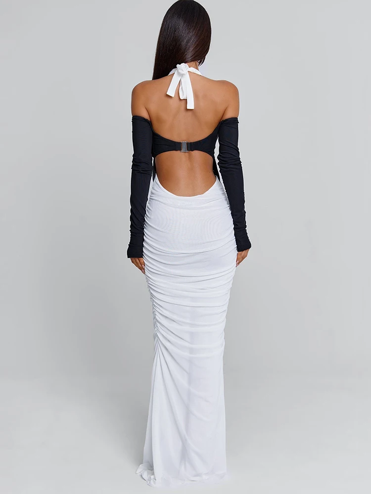 Sukienka maxi z odkrytymi ramionami, długim rękawem i kontrastowymi kolorami Sibybo, elegancka sukienka damska z patchworkiem, wiązana na szyi, z odkrytymi plecami, marszczona, dopasowana sukienka na imprezę.