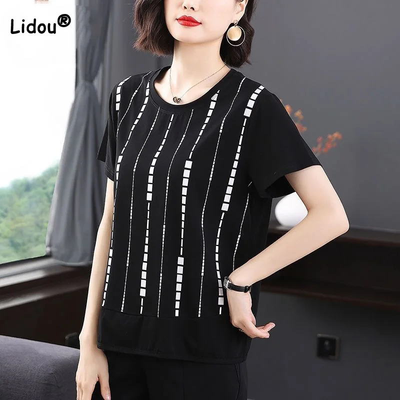 

Summer Clothes for Women Fashionable Round Neck Printing Short Sleeve T-Shirt Korean Striped Pullover Loose Oversized Tops Trend