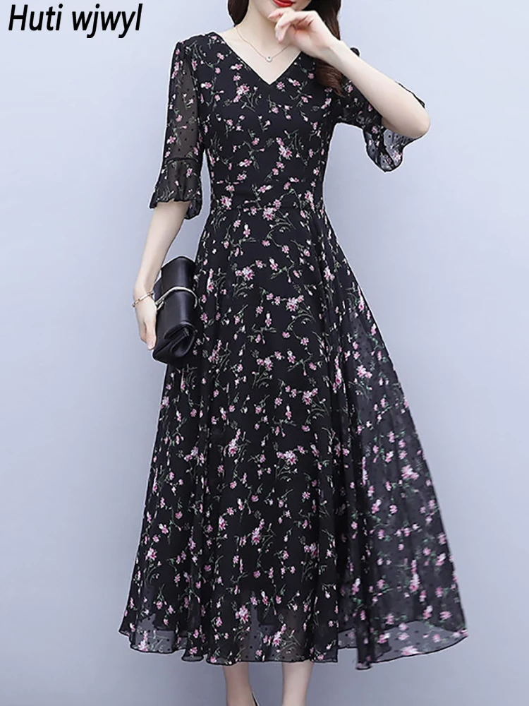 2024 Black Floral Chiffon Casual Beach Sundress Women Elegant Bodycon Party Prom Long Robe Summer Vintage Chic Evening Vestidos