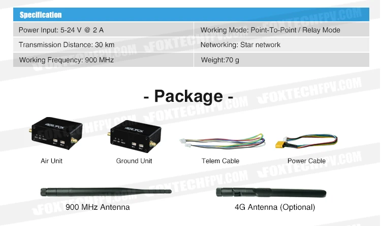 Foxtech Aerofox VDT modul Data nirkabel, pemancar Data nirkabel jaringan bintang jarak jauh 30km 900MHz