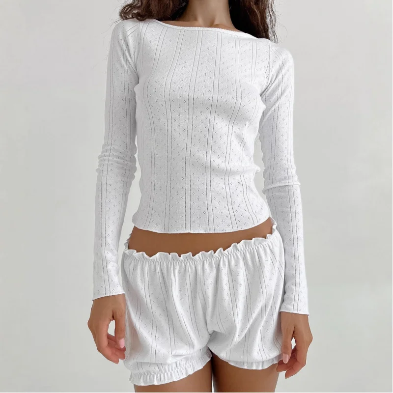

White Knit Pajama Set for Women, 2-Piece Lace Trim Long Sleeve & Shorts, Breathable & Versatile, Fall Home Loungewear