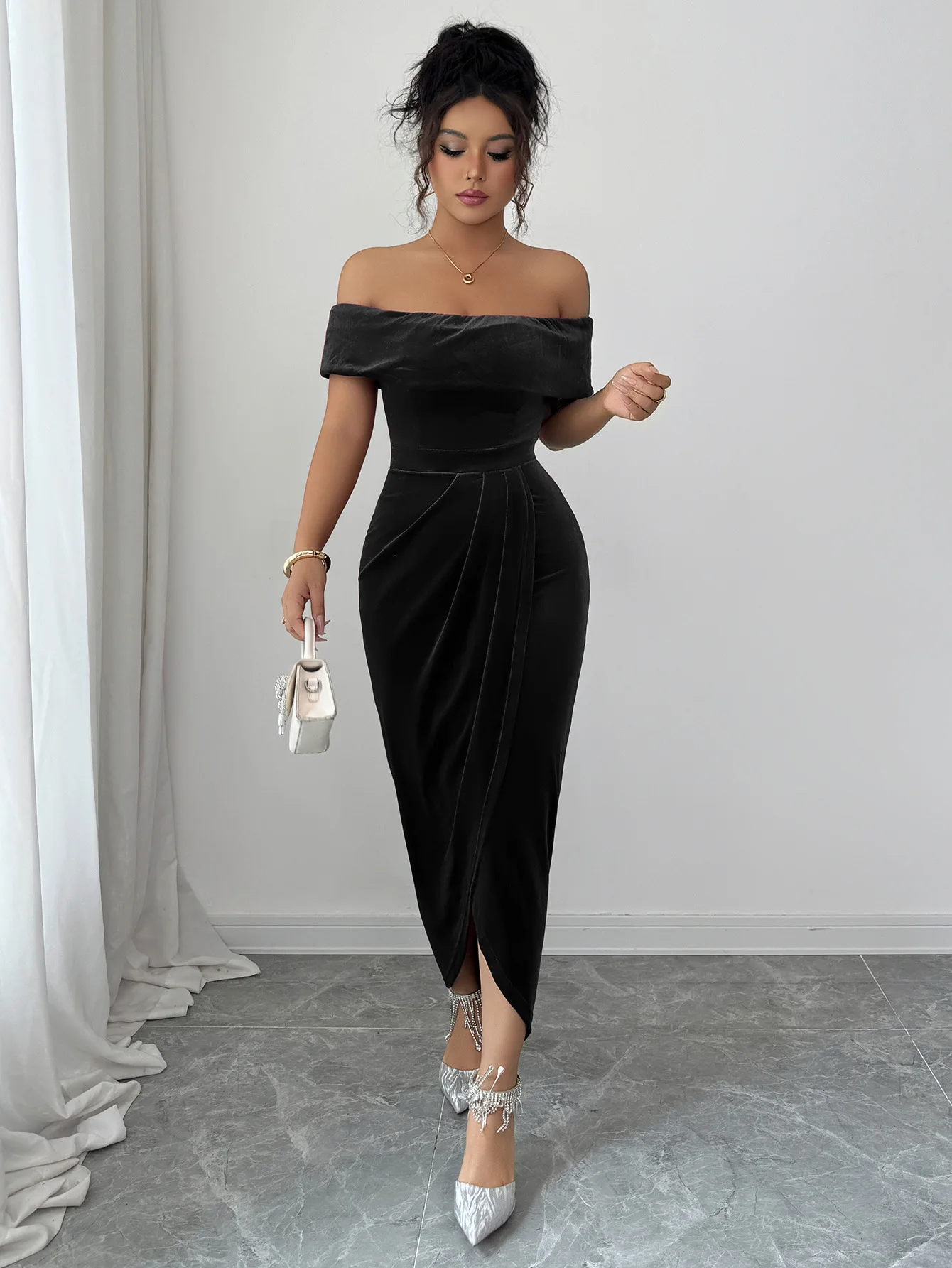 

Women's Dress 4 Colors Off Shoulder Midi Dress Split Hem Ruched Waist Bodycon Party Cocktail Wedding Guest Evening Dress