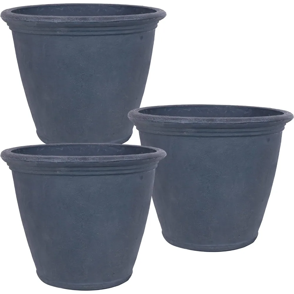 Flower Pot Planter Walled Polyresin with UV-Resistant Slate Finish - Set of 3 - Large 24-Inch Diameter