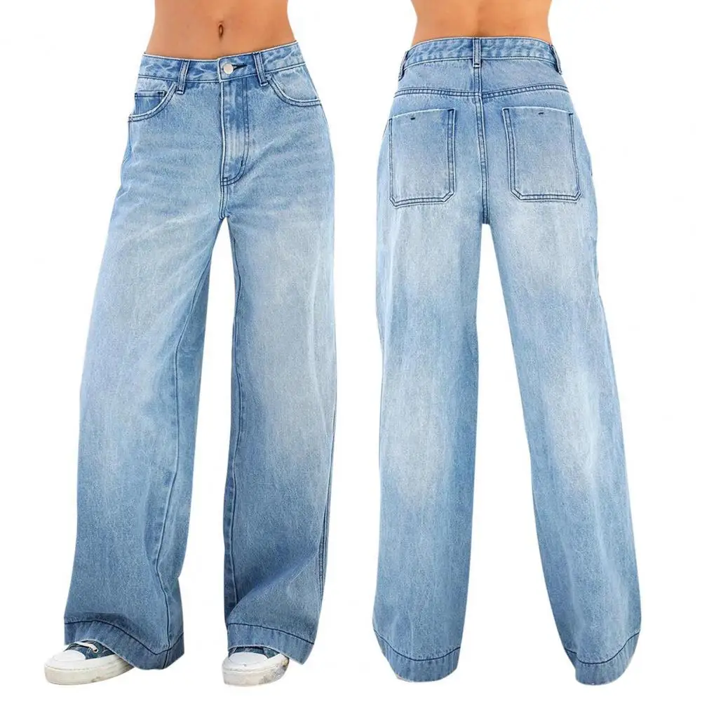 Comprimento total calças flare mulheres jeans denim bolsos sólidos cintura alta solto ajuste streetwear lavagem 2025 zíper