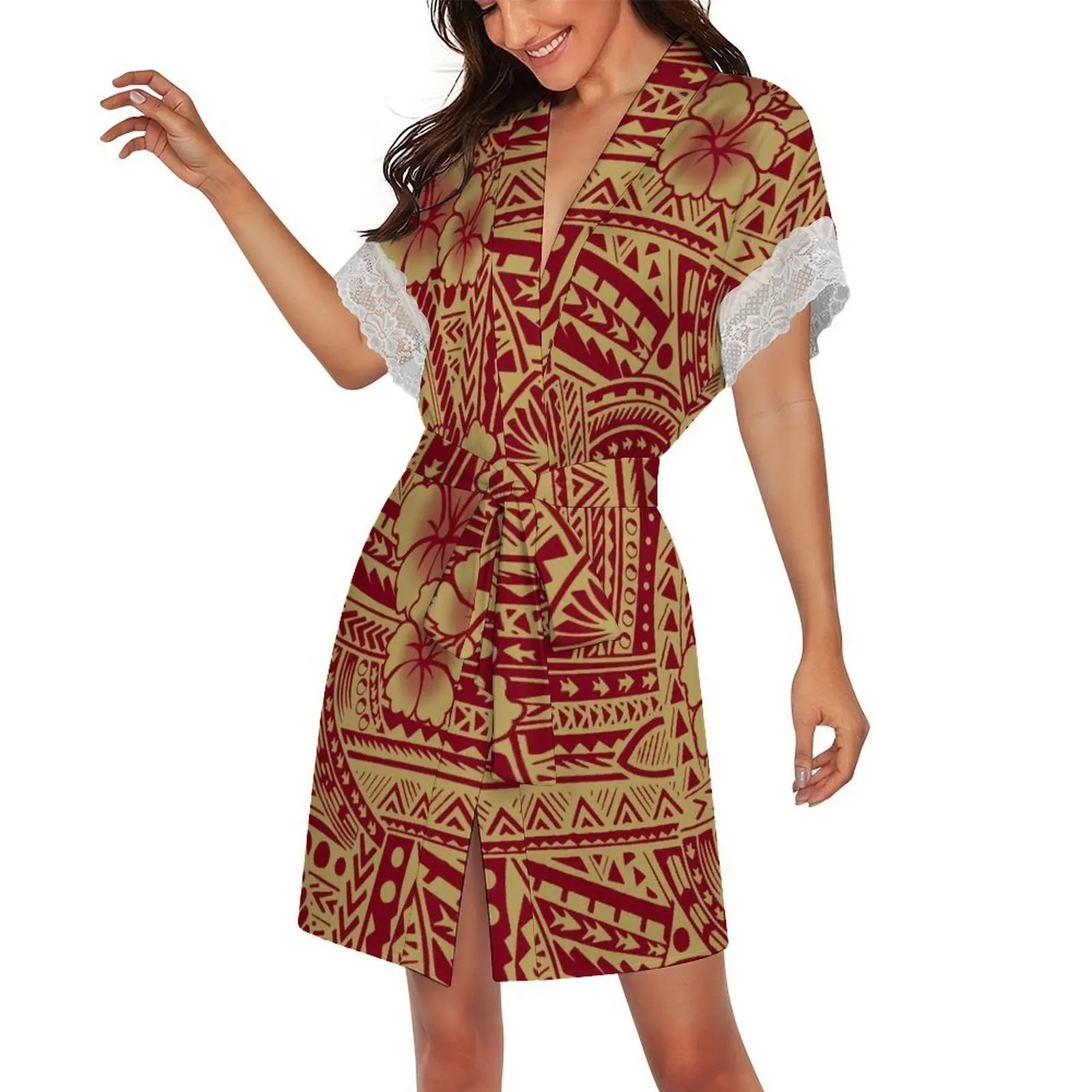Summer New Style Polynesian Women'S Home Wear V-Neck Lace-Trimmed Short-Sleeved Belted Nightgown Customizable Patterns Available