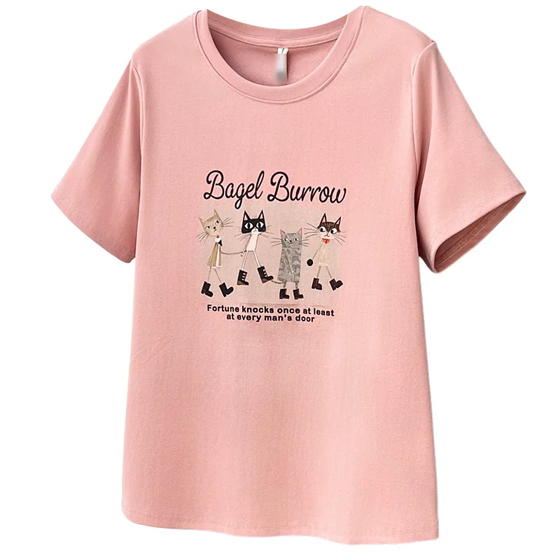 

2026 Summer Plus Size Cotton T-shirt Women Round Neck Printed Short Sleeve Simple Slim Casual Tops For Curvy Ladies 8268