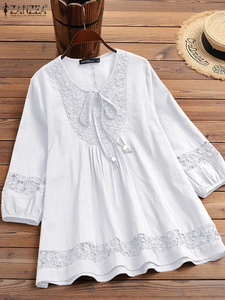 Women Lace Crochet Blouse ZANZEA 2024 Fashion Summer Lace Top Casual Patchwork Shirts Casual 3/4 Sleeve Hollow Out Tunic Blusas