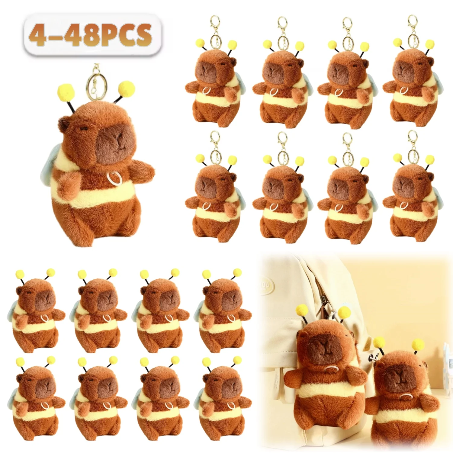 4-48PCS Capybara Plush Keychain 14cm Drawing Jitterbug Wings Bee Water Dolphin Keychains Bulk for Classroom Birthday Party Favor
