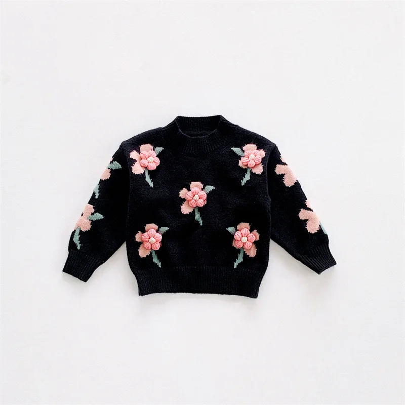 Autumn Winter Baby Girl Sweater Infant Toddler Girl Sweet Full Printed Pullovers Knitted Handmade Flower  Children Girls Sweater