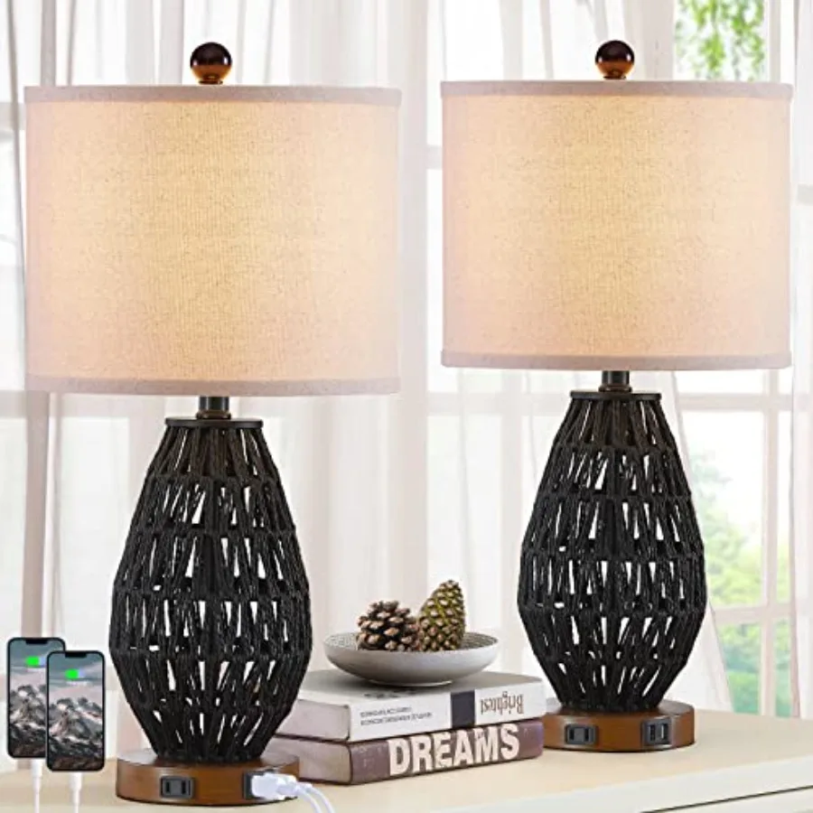 

Touch Control Table Lamps 3 Way Dimmable Bedside Lamps for Bedroom Set of 2 with 2 USB Ports and AC Outlet Wicker Nightstand La