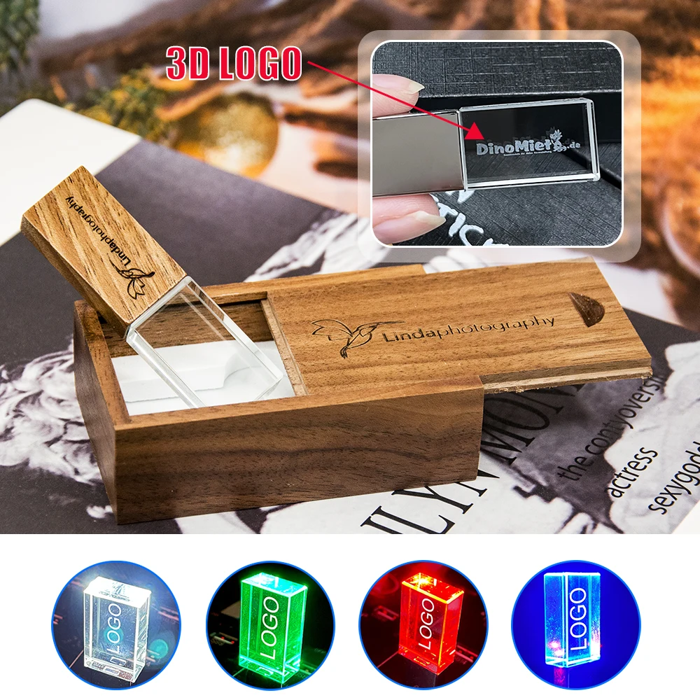 USB 2.0 Flash drive LED Crystal Pendrive 4GB 8GB 16GB 32GB 64GB 128GB Transparent Glass Wooden box Photography Gifts free logo