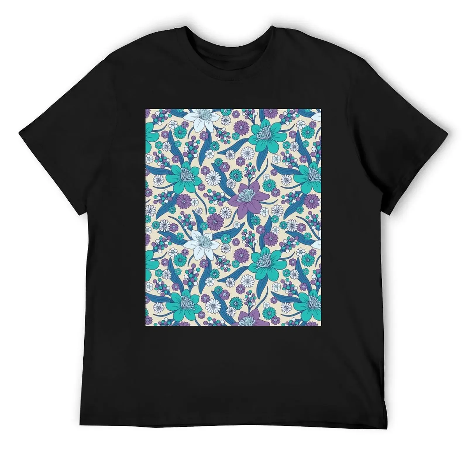 Purple, Teal & Blue 1970s Inspired Retro Floral Pattern T-Shirt plus size clothes sublime t shirts for men pack