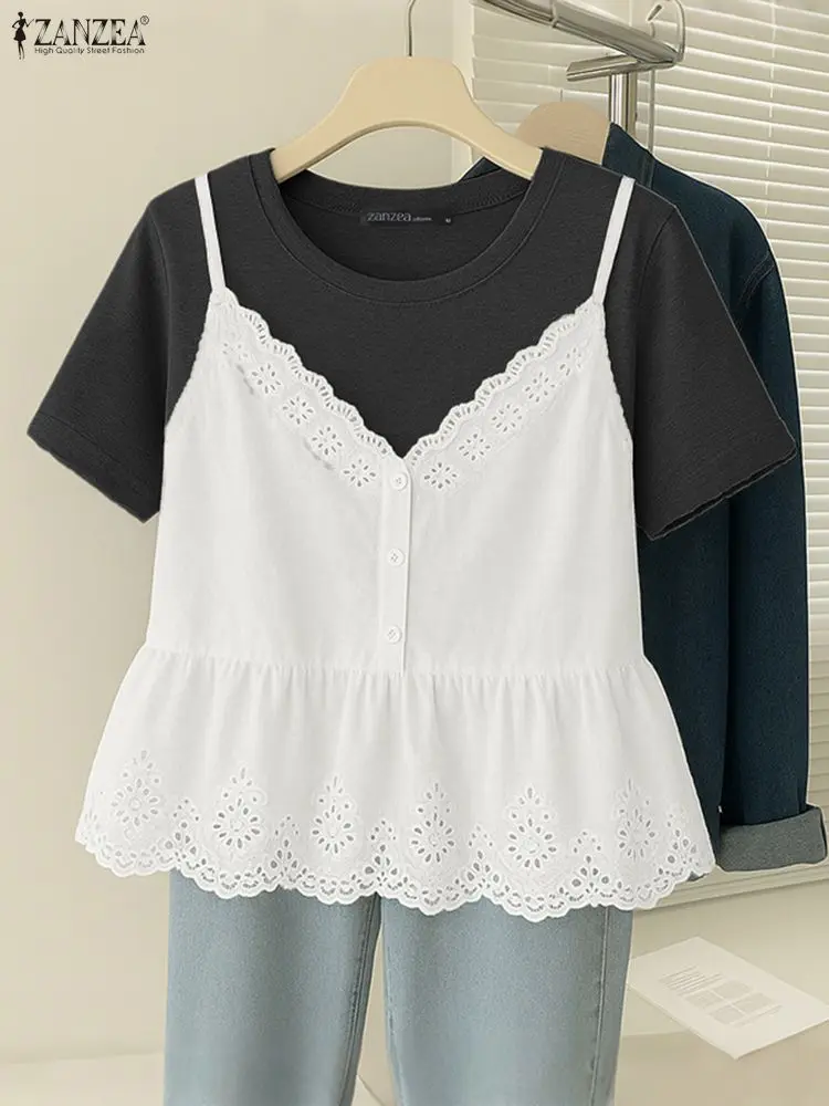 

ZANZEA Summer Women T-shirts Stylish Short Sleeve Lace Patchwork Tees 2025 Fashion Ruffled Casual Tshirts Korean Sweet Tops