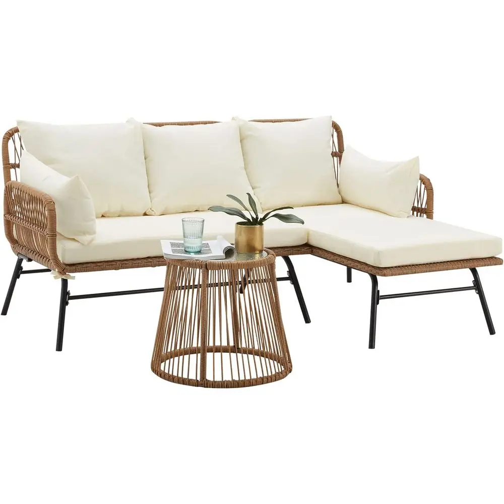 

Patio Furniture Set, L-Shaped Sectional Conversation Sofa Set with Thick Cushions and Toughened Glass Coffee Table for Backyard